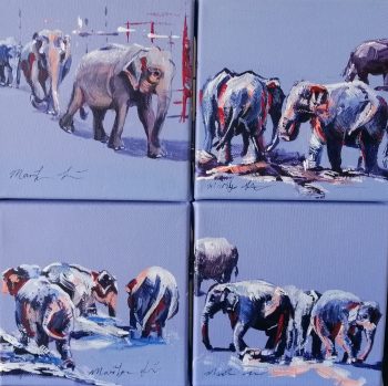Kit Four Mini elephants on luxury boxed canvas's in acrylic